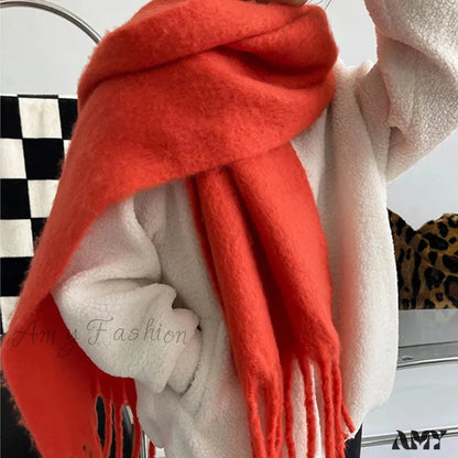 Cashmere Scarves For Women - Thick And Warm Muffler With Tassel Detail Orange Red / L227Cm W43Cm