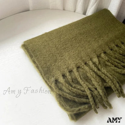 Cashmere Scarves For Women - Thick And Warm Muffler With Tassel Detail Pickles Green / L227Cm W43Cm