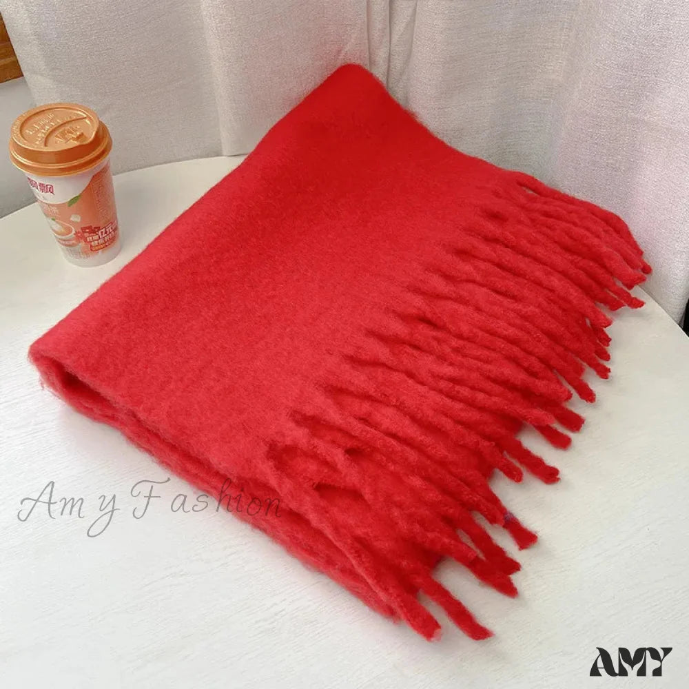 Cashmere Scarves For Women - Thick And Warm Muffler With Tassel Detail Red / L227Cm W43Cm