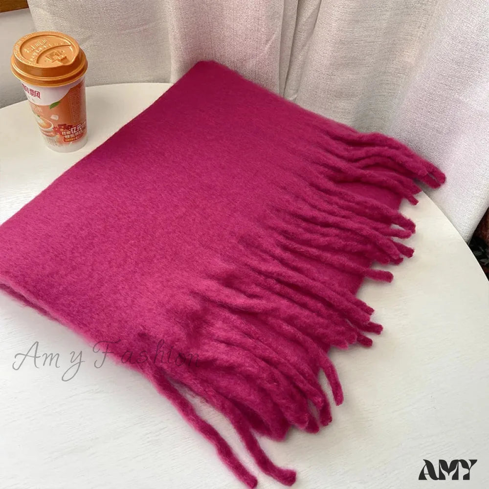 Cashmere Scarves For Women - Thick And Warm Muffler With Tassel Detail Rose Red / L227Cm W43Cm