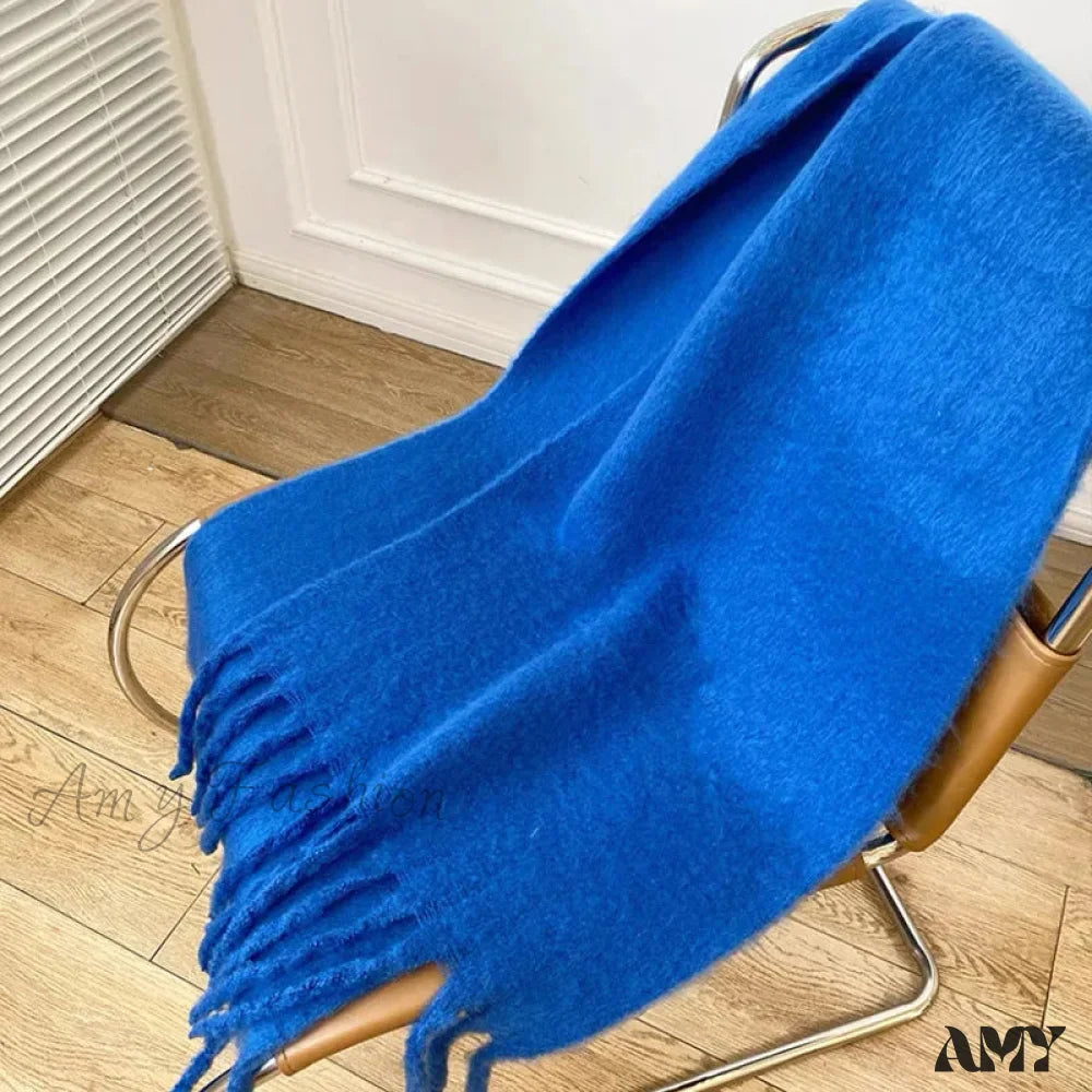 Cashmere Scarves For Women - Thick And Warm Muffler With Tassel Detail Sapphire Blue / L227Cm W43Cm