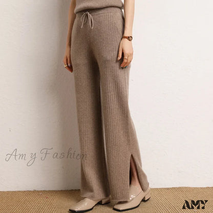 Cashmere Side Slit Wide Leg Warm High-Quality Pants