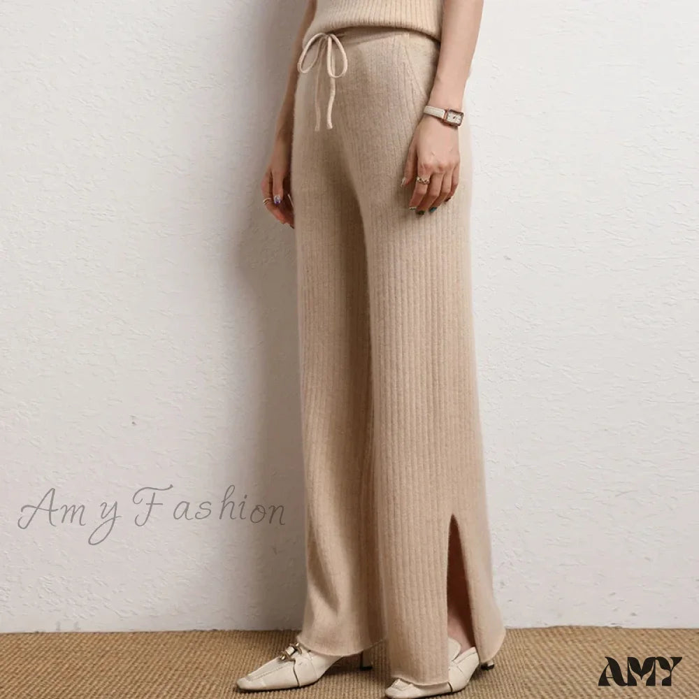 Cashmere Side Slit Wide Leg Warm High-Quality Pants