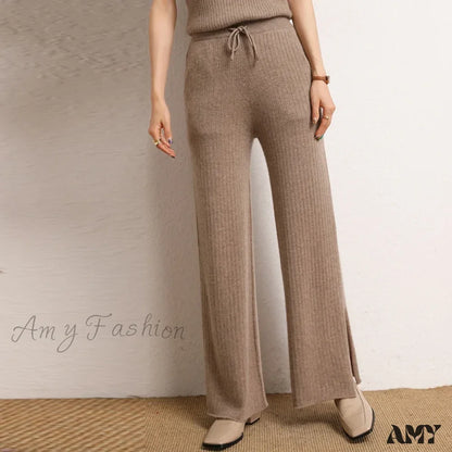 Cashmere Side Slit Wide Leg Warm High-Quality Pants