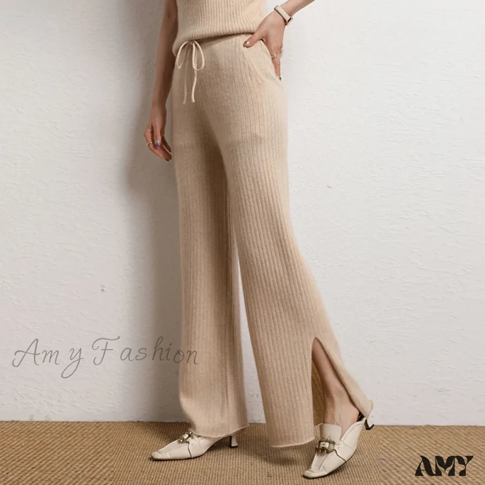 Cashmere Side Slit Wide Leg Warm High-Quality Pants Beige / M