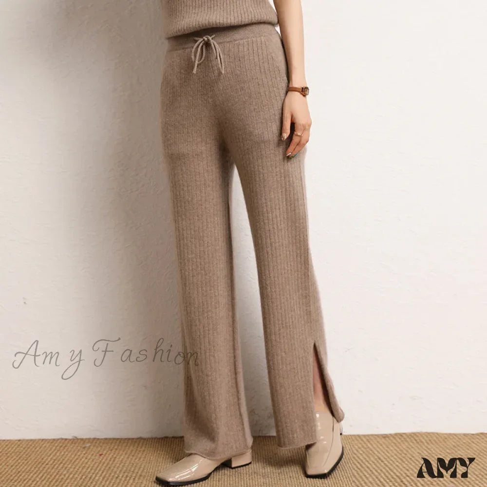 Cashmere Side Slit Wide Leg Warm High-Quality Pants Camel / M