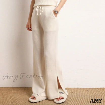 Cashmere Side Slit Wide Leg Warm High-Quality Pants White / M