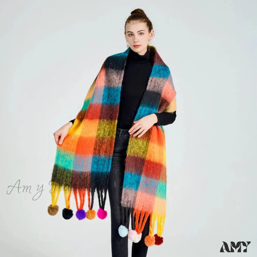 Cashmere Thick Warm Blanket Colorful Plaid With Long Tassels Soft Wrap Scarf