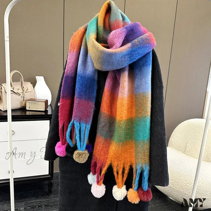 Cashmere Thick Warm Blanket Colorful Plaid With Long Tassels Soft Wrap Scarf Rainbow 1