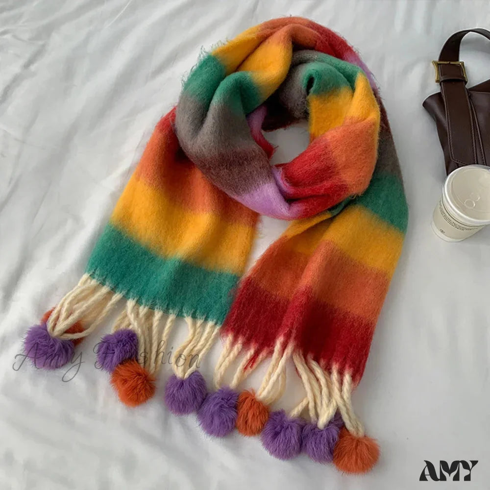 Cashmere Thick Warm Blanket Colorful Plaid With Long Tassels Soft Wrap Scarf Rainbow 2