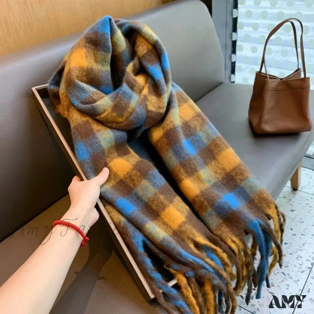 Cashmere Thick Warm Blanket Colorful Plaid With Long Tassels Soft Wrap Scarf Yellow - Blue