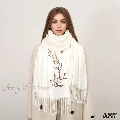 Cashmere Winter Flower Pashmina Shawl With Tassels