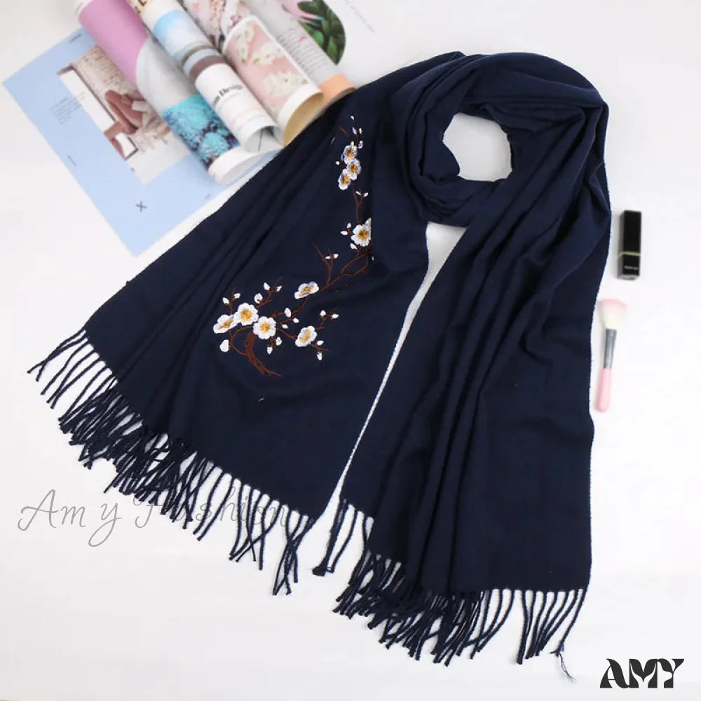 Cashmere Winter Flower Pashmina Shawl With Tassels Black