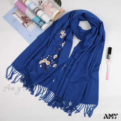 Cashmere Winter Flower Pashmina Shawl With Tassels Blue