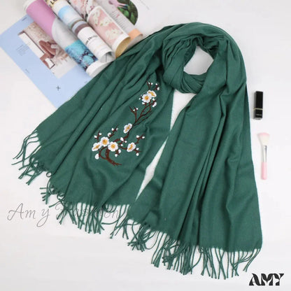 Cashmere Winter Flower Pashmina Shawl With Tassels Green