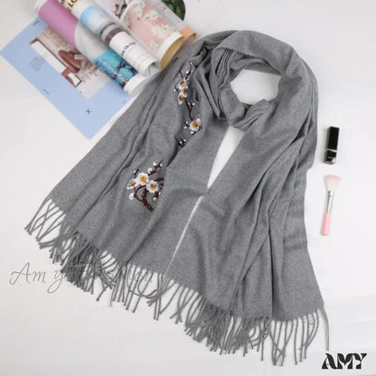 Cashmere Winter Flower Pashmina Shawl With Tassels Grey