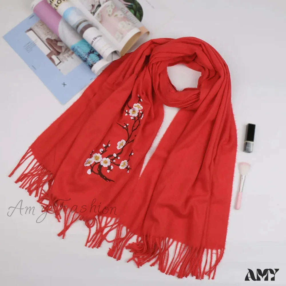 Cashmere Winter Flower Pashmina Shawl With Tassels Red