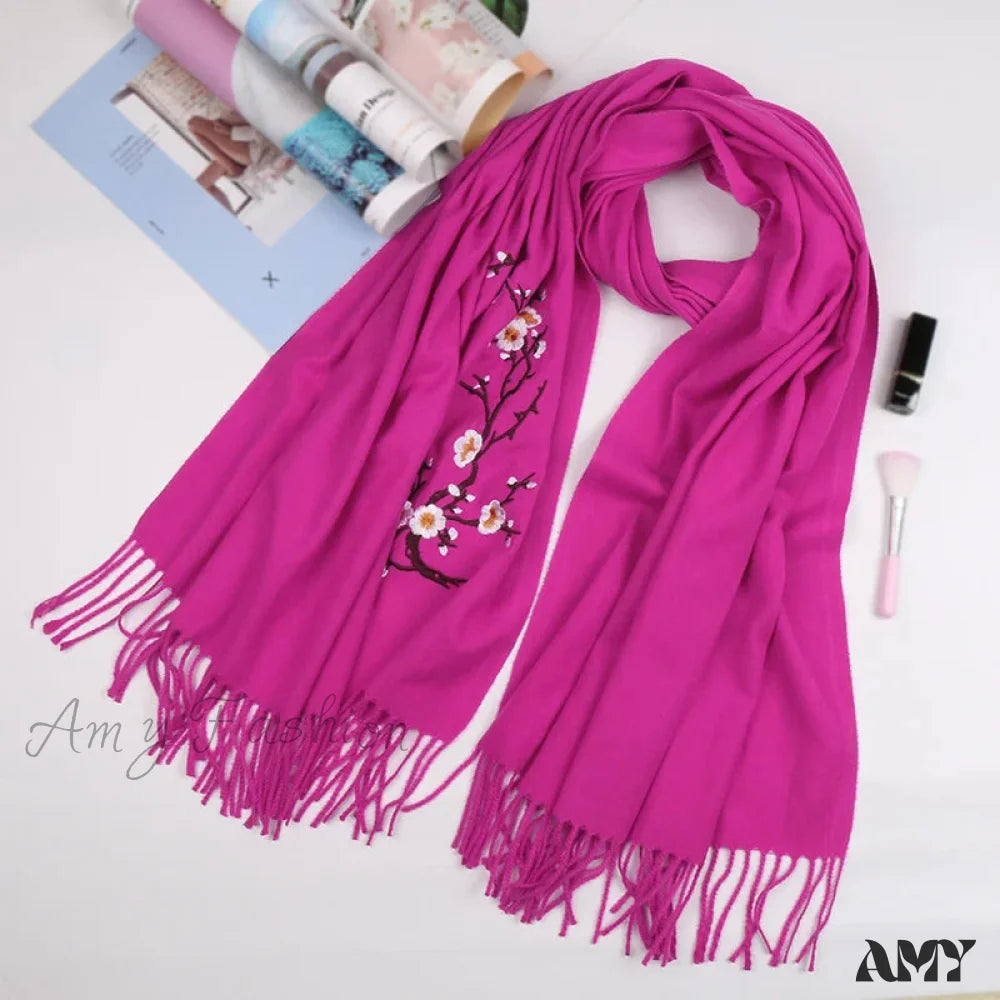 Cashmere Winter Flower Pashmina Shawl With Tassels Rose Red