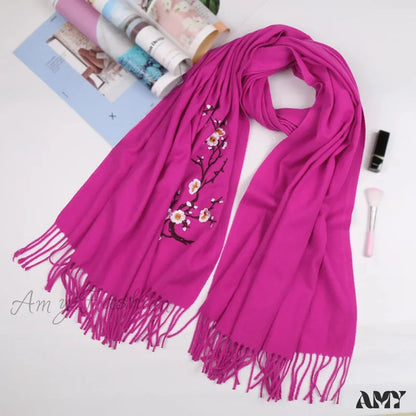 Cashmere Winter Flower Pashmina Shawl With Tassels Rose Red