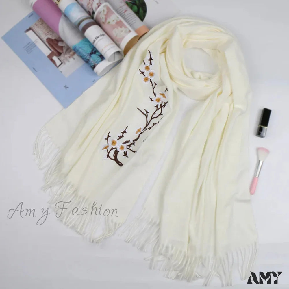 Cashmere Winter Flower Pashmina Shawl With Tassels White