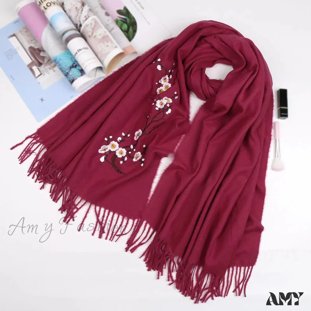 Cashmere Winter Flower Pashmina Shawl With Tassels Wine Red