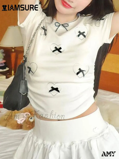 Casual Basic Bow Printed Sexy Slim O-Neck Short Sleeve 2024 Summer Streetwear Crop Top White / S