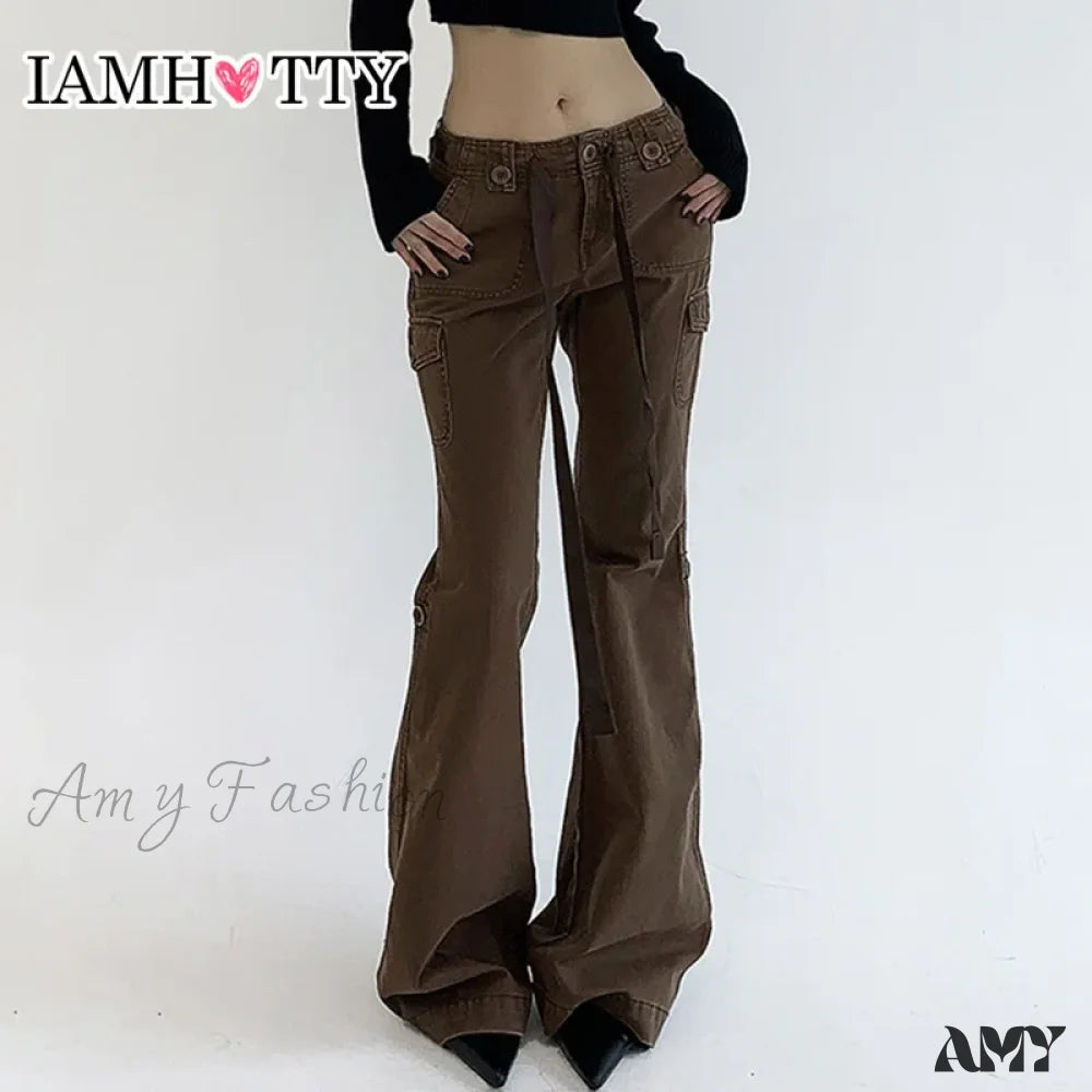 Casual Basics Flare All-Match Street Style Boot Cut High Waist Vintage Trousers Y2K Jeans Brown / S