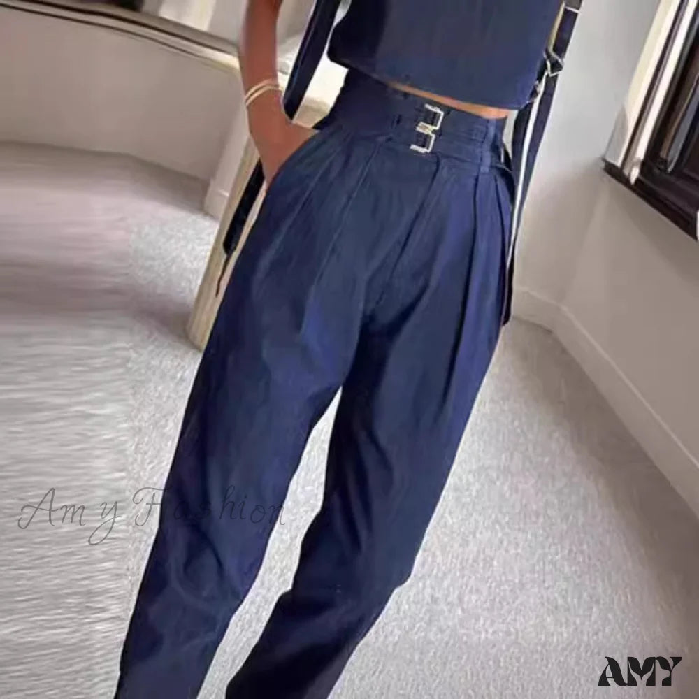 Casual Belted High Neck Long Pants Suit