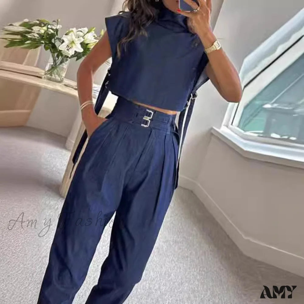 Casual Belted High Neck Long Pants Suit