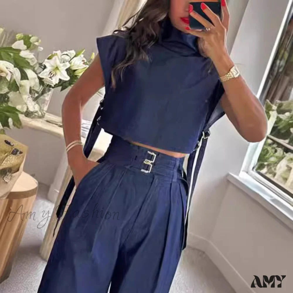 Casual Belted High Neck Long Pants Suit