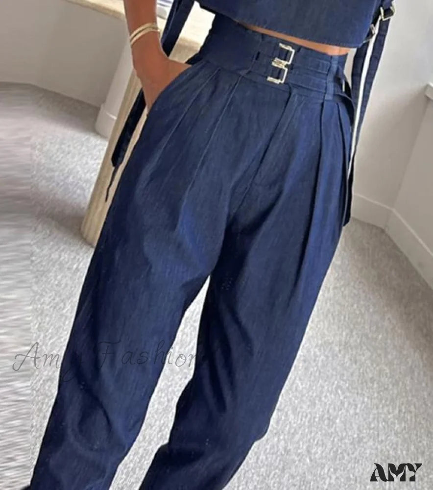 Casual Belted High Neck Long Pants Suit Dark Blue / S