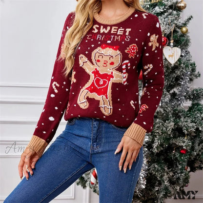 Casual Christmas Print Long Sleeve Knit Sweater Red 2 / S