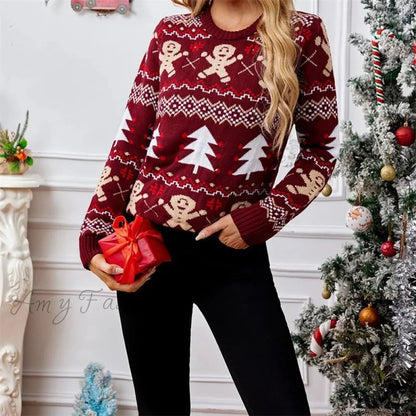 Casual Christmas Print Long Sleeve Knit Sweater Red 3 / S