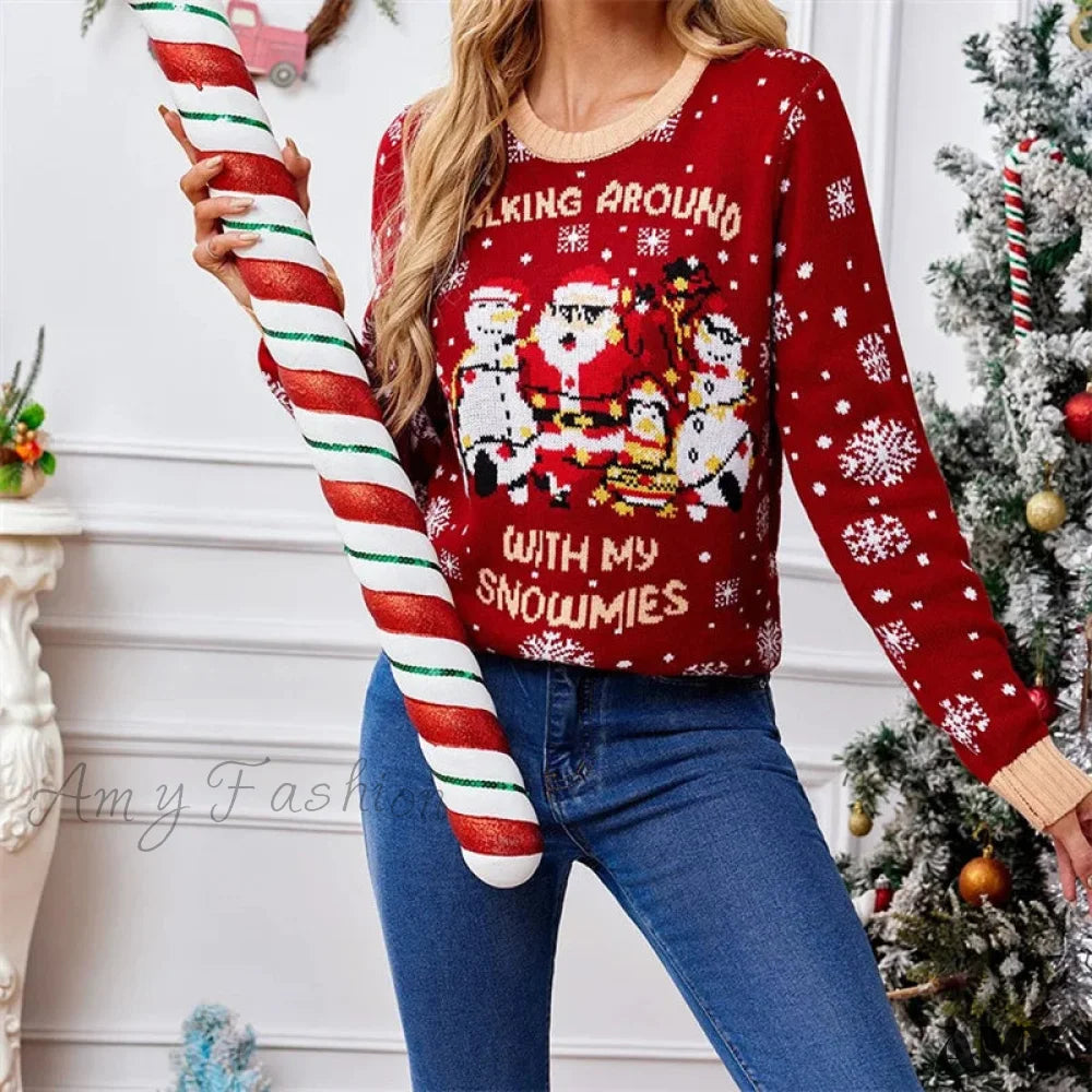 Casual Christmas Print Long Sleeve Knit Sweater Red / S