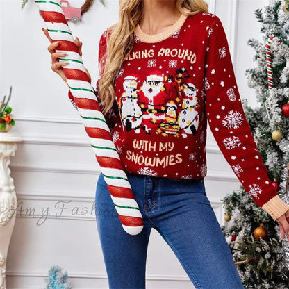 Casual Christmas Print Long Sleeve Knit Sweater Red / S