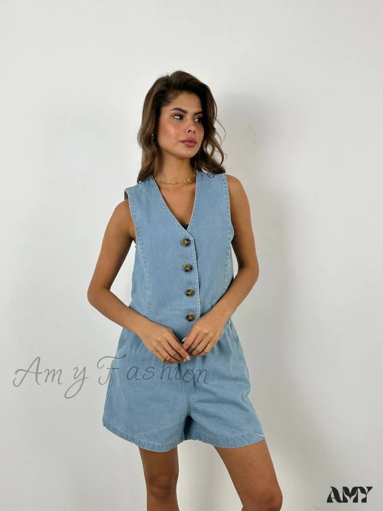 Casual Denim Button Vest Elastic Waist Shorts Suit Blue / S