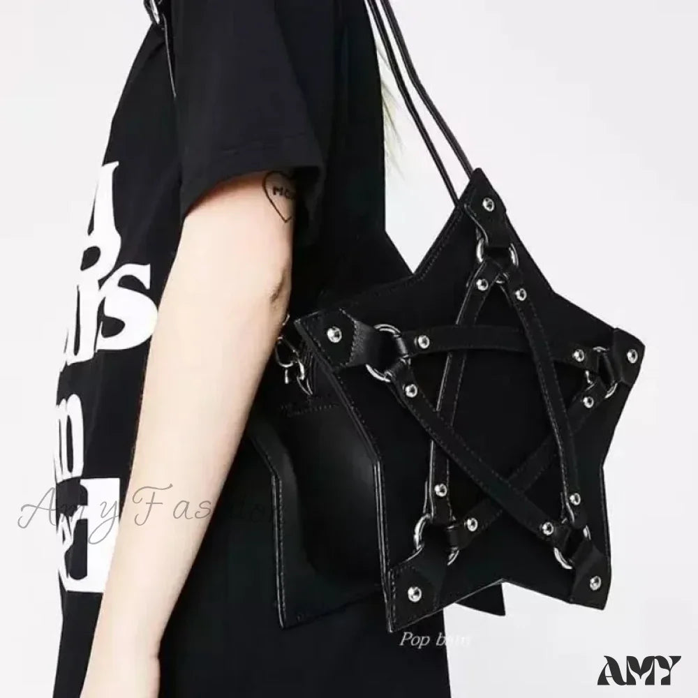 Casual Designer Bag Unisex Punk Retro Pentagram Leather Fashion Gothic Black