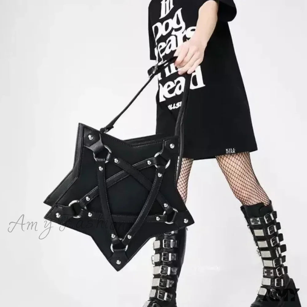 Casual Designer Bag Unisex Punk Retro Pentagram Leather Fashion Gothic Black