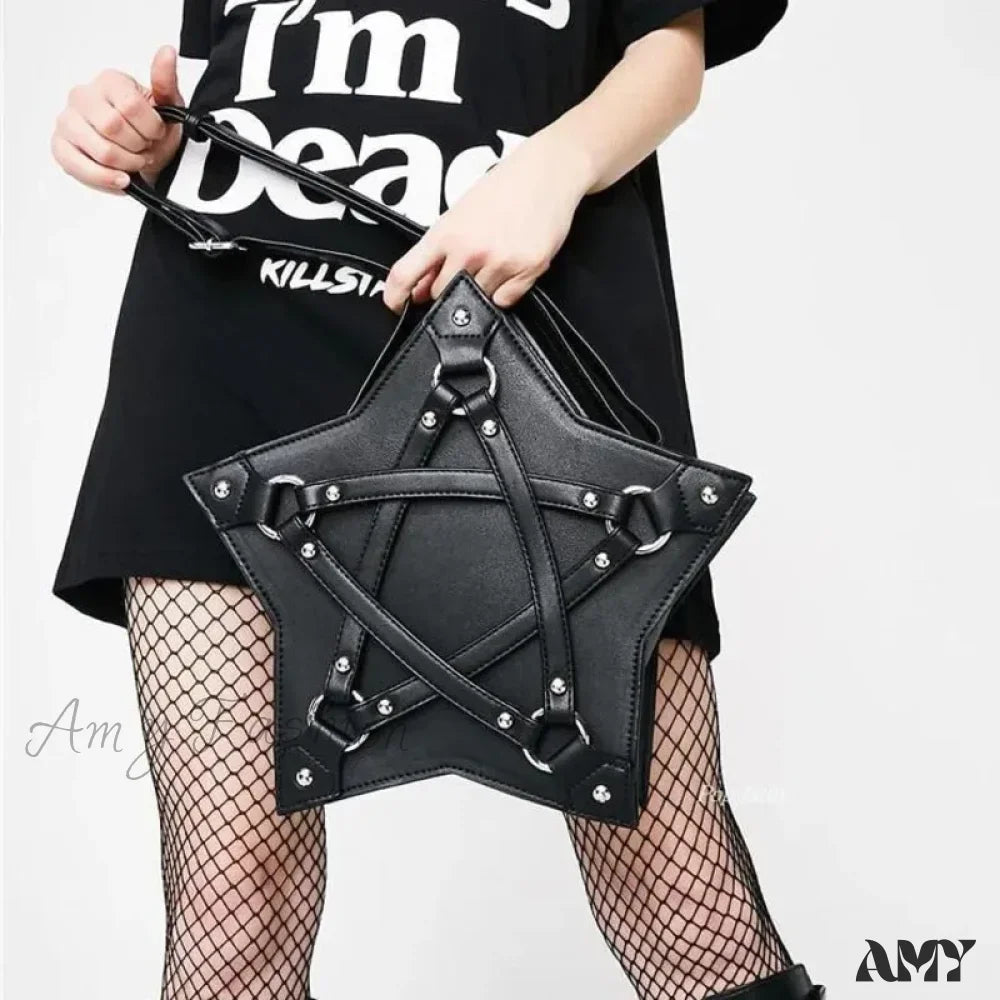 Casual Designer Bag Unisex Punk Retro Pentagram Leather Fashion Gothic Black Black