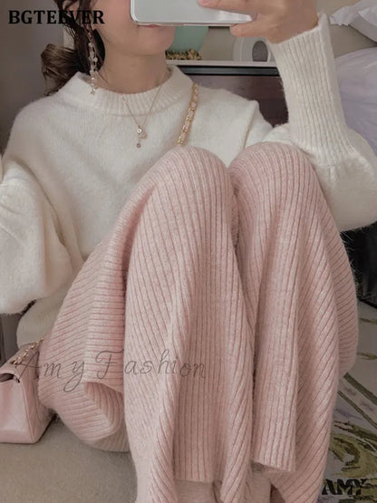 Casual Elastic Warm Elegant Loose Knitted Autumn Pants Pink / One Size