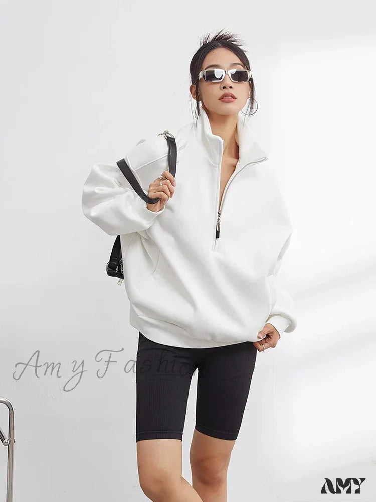 Casual Half Zip Oversized Solid Color Stand Collar Long Sleeve Hoodie