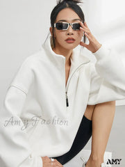 Casual Half Zip Oversized Solid Color Stand Collar Long Sleeve Hoodie White / S