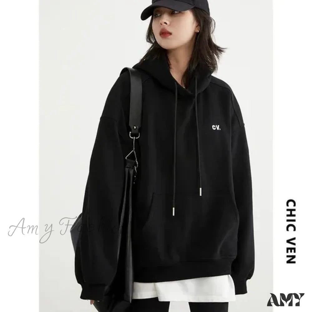 Casual Hooded Plush Loose Warm Cozy Trendy Stylish Elegant Hoodies Black / Free Size