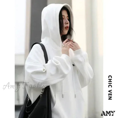 Casual Hooded Plush Loose Warm Cozy Trendy Stylish Elegant Hoodies White / Free Size