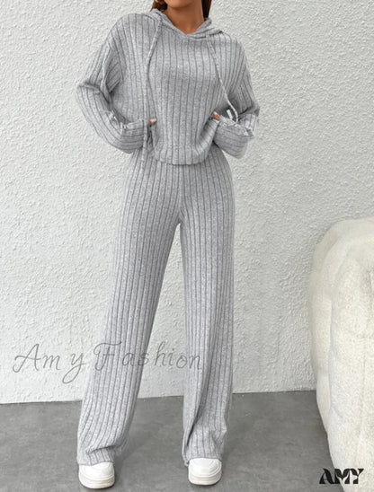 Casual Knitted Long Sleeve Loose Pants Two-Piece Suit Light Grey / S