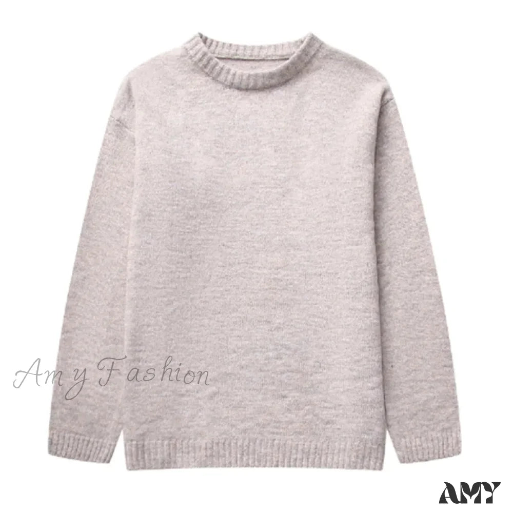 Casual Knitted Solid Women Pullover O-Neck Long Sleeve Loose Female Fashion Sweater Khaki / S