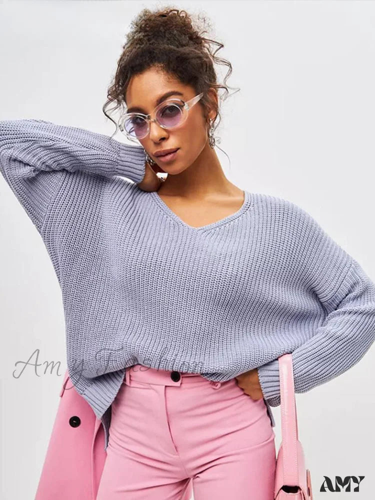 Casual Knitted Women Solid V-Neck Long Sleeve Pullover 2024 Autumn Winter Soft Match All Sweater