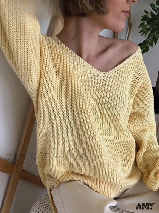 Casual Knitted Women Solid V-Neck Long Sleeve Pullover 2024 Autumn Winter Soft Match All Sweater