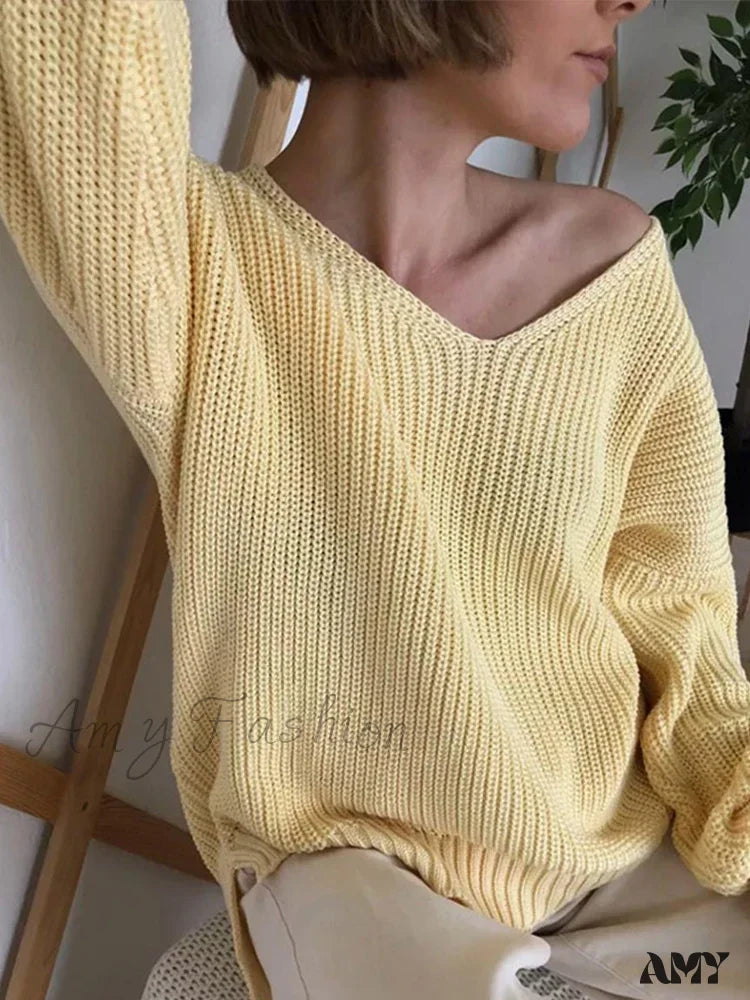 Casual Knitted Women Solid V-Neck Long Sleeve Pullover 2024 Autumn Winter Soft Match All Sweater