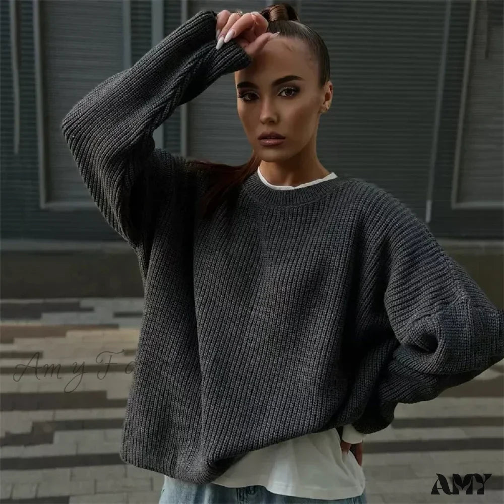 Casual Knitted Women Solid V-Neck Long Sleeve Pullover Sweater Gray / S